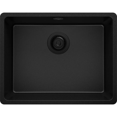 PRIMAGRAN Evier Sous Plan 56x44cm, Evier en Granit 1 bac + Kit de Vidage, Évier au meuble 60cm - Venise Easy, Tout Noir (1/5)