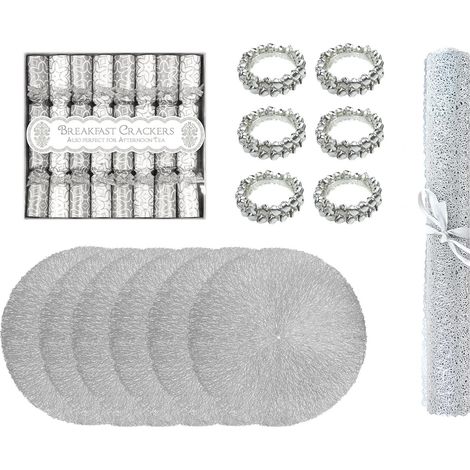 21pc Christmas Table Set Silver Napkin Rings Table Runner Saucer Crackers Placemats (1/4)