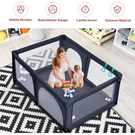 Baby laufstall mit 50 spielballen laufgitter mit netz und reiverschluss 120 x 190 cm dunkelgrau