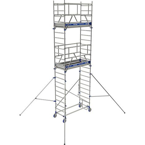 Tubesca Comabi – Échafaudage roulant aluminium Totem 2 – Hauteur de travail max 9,85 m – Longueur de plateau 1,80/2,50 m – Charge max 200 kg/m² – Garde-corps monoblocs
