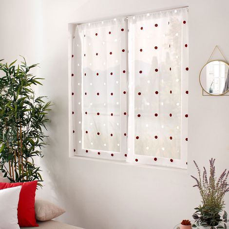 Homemaison – Lot de 2 voiles sablés brodés 60x120 cm – Ourlet passe tringle – Tissu 100% polyester – Impressions bordeaux et blanc