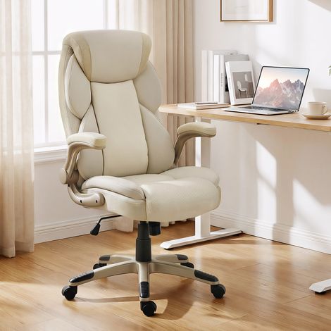 Silla de Oficina con Masaje Vibratorio de 4 Puntos Calor Lumbar Brazos Abatibles Respaldo Alto Altura Ajustable Crema (1/5)