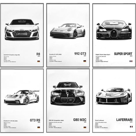Lot de 6 posters muraux de voiture, 20 x 30 cm, sans cadre, décoration murale pour chambre à coucher, bureau
