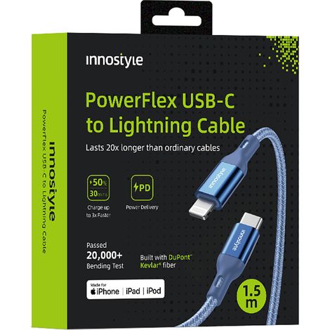 Cavo Innostyle PowerFlex USB-C Lightning con ricarica rapida MFi per iPhone, in kevlar, 2 m, blu. (1/5)