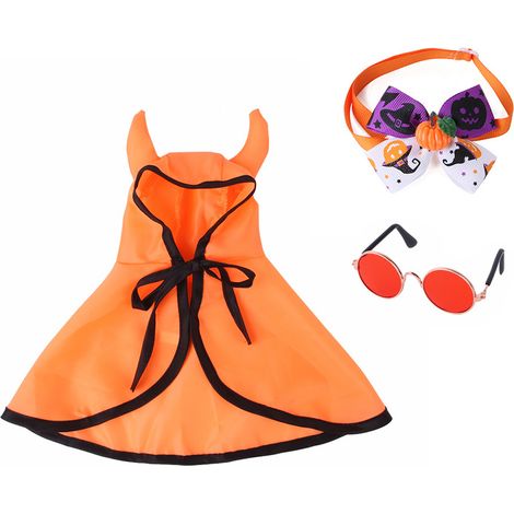 1 ensemble déguisement animal Halloween, collier nœud papillon + cape à cornes de taureau, motif citrouille et araignée, pour chat et petit chien (1/5)