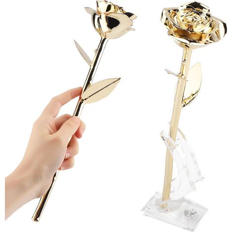 Rose véritable plaquée or 24 carats, rose dorée avec socle, cadeau de Saint-Valentin pour votre petite amie (1/5)