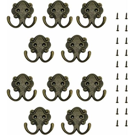 10Pcs Rétro Crochet Double Murale(53 x 38 mm), Crochets Patère/Support Mural Crochet Porte en Alliage de Zinc Vintage avec Vis pour Salle de bain, Manteau, Chapeau et Cuisine(Bronze), (1/5)