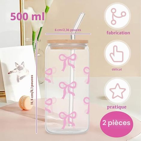 Glass Tumbler with Lid and Straw Glasses Pink Bow Cup Set in Can Shape for Bubble Tea Ice Coffee Cocktails Smoothies (1/2)