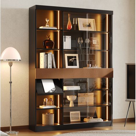 Vetrina a LED con ante scorrevoli in vetro temperato, 3 cassetti, MDF nero e marrone, 120x28,5x180 cm (1/5)