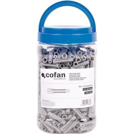Taco nylon M-8x40 para fijación firme, bote de 500 uds, ideal para múltiples materiales. (1/5)