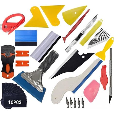 Kit de pose de film teinté pour vitres de voiture (43 pièces), comprenant les outils d'application du film protecteur et une raclette. (1/3)