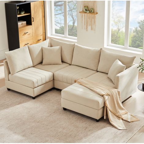 Canapé d’angle modulable 5 places beige en polyester effet lin, 220 x 194 x 85 cm, OKWISH (1/5)
