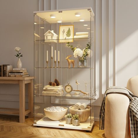 Vitrine en verre avec éclairage LED, double porte avec socle, quatre couches de verre trempé, verrouillable, style nordique, Blanc (1/5)