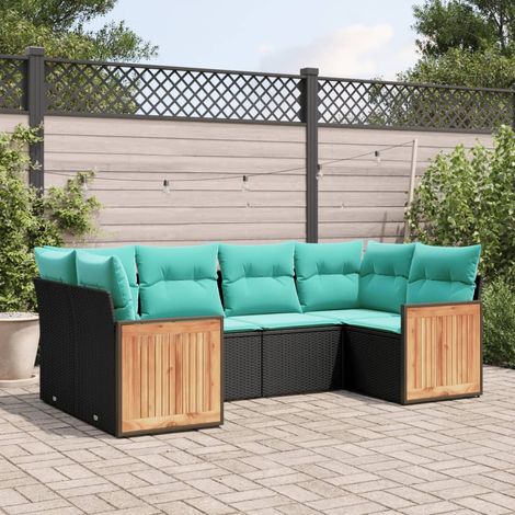6-teiliges Gartensofa-Set mit Kissen, schwarzes Polyrattan (1/5)