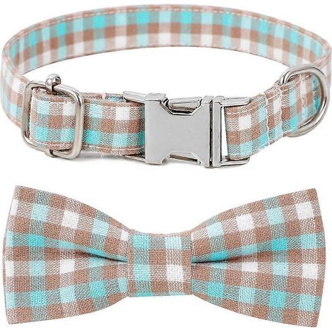 Collier pour chien avec nœud papillon à carreaux, en coton et boucle en alliage - Taille S (1/5)