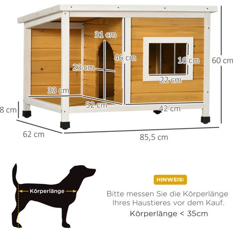 Hundehütte mit Veranda, aufklappbares Dach, Fenster, verstellbare Füße, Naturholz, orange, 85,5 x 62 x 60 cm (1/5)