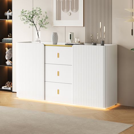Buffet bas blanc 150 x 35 x 80 cm avec LED, 2 portes, 2 tiroirs et rangement multiple, pour salon et salle à manger. (1/5)