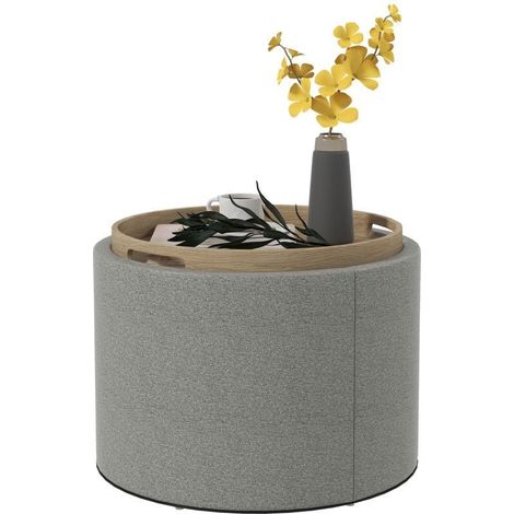 Pouf rembourré aspect lin avec rangement caché et couvercle réversible, dimensions 56 x 56 x 42 cm, tons gris et naturel (1/5)