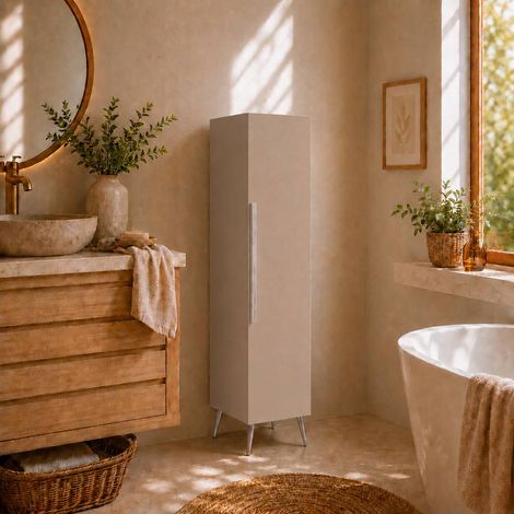 Meuble haut colonne pour salle de bain 130 cm sur pieds coloris taupe prémonté (1/4)