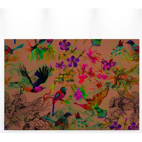 Tableau à motif mutlicolore sur fond beige | Tableau sur toile idéal pour salon et cuisine | Tableau moderne fleurs et oiseaux 0,9 x 0,6 m (1/5)