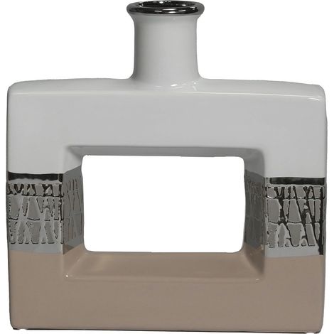 Vase de Table en céramique avec Trou Blanc argenté et Beige 6 x 24 x 24 cm
