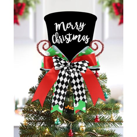 Cimier de Sapin de Noël, 25CM Grand Noir Pointes de Sapin de Noël Chapeau Haut avec Pain D'Épices et Ruban à Carreaux pour Maison Noëls Vacances Hiver Fête Décor Bureau Ornements (1/5)