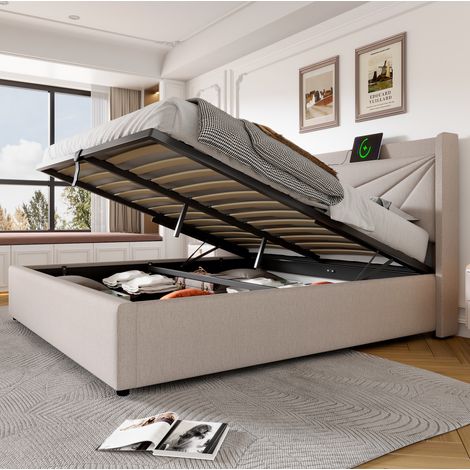 Lit double rembourré moderne 160x200 cm beige, tête de lit géométrique, coffre, USB/Type-C et sommier à lattes (1/5)