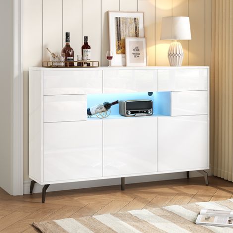 Buffet brillant 140x30x94cm - 3 tiroirs et 5 portes - Avec éclairage LED - Avec 5 pieds en métal - MDF - Blanc (1/5)