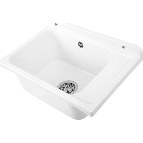 Pilozzo da muro 58x38 bianco PVC piletta in acciaio inox 9 cm inclusa (1/4)