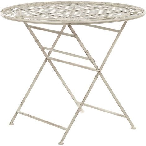 Beliani – Table bistrot ronde pliante 90 cm – Blanc cassé – Métal – Style provençal pour balcon ou terrasse – Effet vieilli décor floral (1/5)