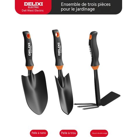 Kit de jardinage 3 pièces, set d'outils en acier au carbone avec pelle à terre, transplantoir étroit et binette râteau double usage, poignée ergonomique, pour plantation, désherbage et entretien de ja (1/5)