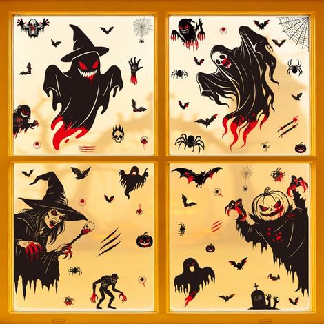 Décorations d'horreur pour Halloween : citrouille, crâne, faux, faucheuse, autocollants pour verre, chauve-souris, araignée, (L113) (1/5)