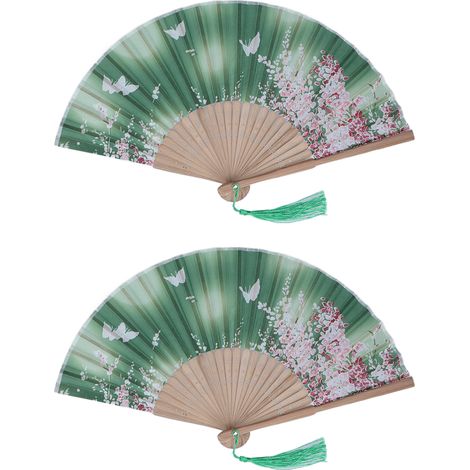 Lot de 2 éventails pliables verts au design élégant, parfaits comme accessoires de refroidissement décoratifs. (1/4)