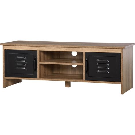 Meuble TV Meuble TV Banc TV 110 cm Design Industriel, avec 2 placards, 2 niches, 2 Passe-Fils, Aspect Bois veinage Portes métal Noir (1/5)