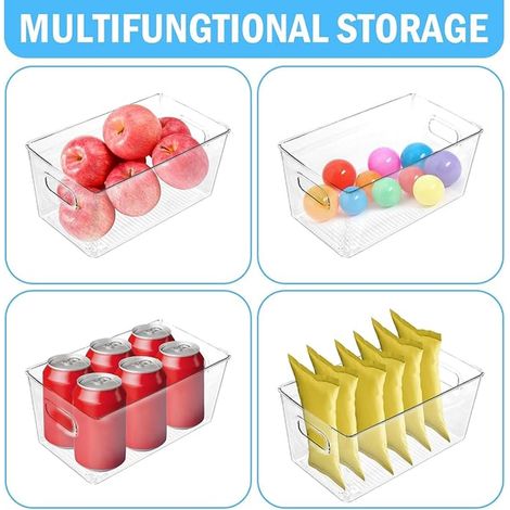 Boîtes de Rangement Cuisine en Plastique Transparent, Organisateurs Placard avec Poignées, Bacs Stockage pour Réfrigérateur, Congélateur, Salle Bain, 24 x 13 12 cm (1/3)