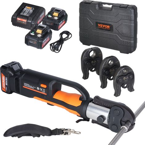 VEVOR Kit deoutils de sertissage de tuyaux electriques alimentes avec 2 batteries 18 V 4,0 Ah, pince a sertir professionnelle, avec machoires M15, M22, M28, chargeur rapide et etui de transport