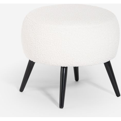 Pouf poggiapiedi da salotto in teddy bouclé bianco con piedini neri Belix