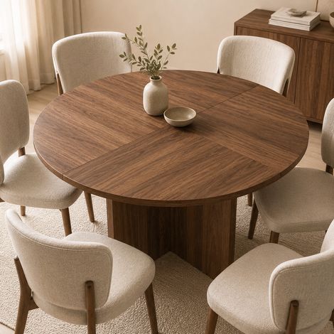 Tavolo da pranzo rotondo, 120 x 120 cm, adatto per 4-6 persone, design classico, stile scandinavo-minimalista, colore legno di noce (1/5)