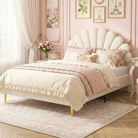 lit princesse 140x200cm lit fille tissu velours beige lit rembourré avec tête de lit en pétale et sommier à lattes - Beige