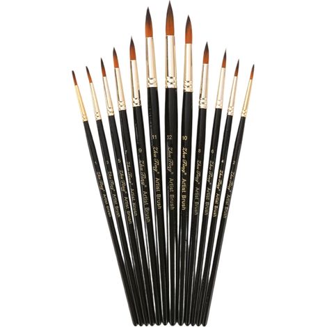 12 pinceaux en nylon, pointe ronde, manche en bois de bouleau, virole aluminium, pour acrylique, aquarelle, huile et peinture corporelle (1/5)