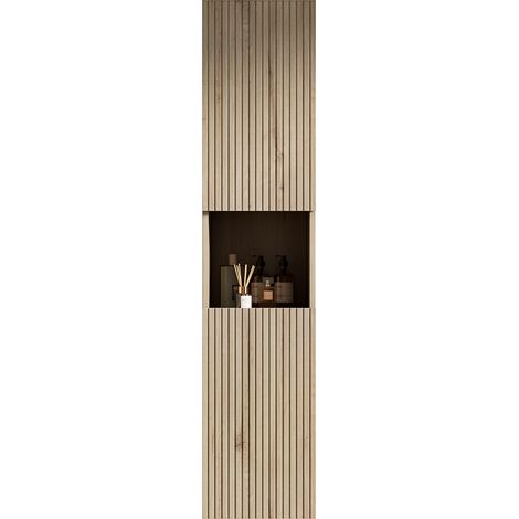 Hohes Badmöbel 160 cm aus Spanplatte, 2 Türen und offenes Fach, weißer Eicheffekt (1/5)