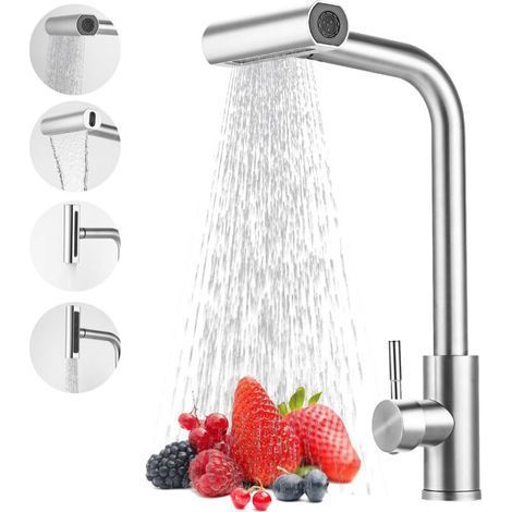 Robinet Cuisine avec Douchette – Mitigeur de Cuisine Inox Rotatif 360° avec 4 Modes de Pulvérisation, Robinet de Cuisine avec Douchette Extractible pour Évier (1/5)