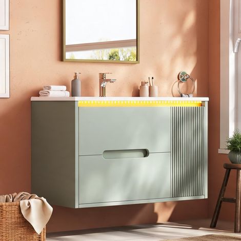 Meuble sous vasque 81 cm soft vert avec vasque céramique et LED (1/5)