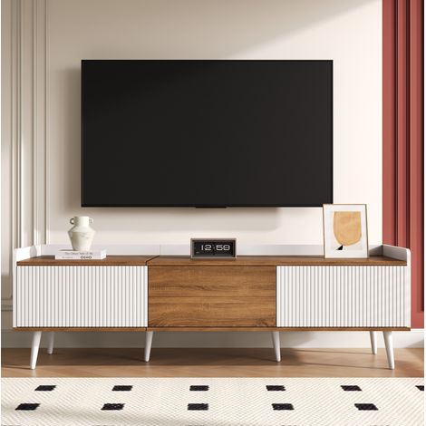 Mueble TV 3 Puertas, Compacto, Acabado Blanco Y Madera Natural, H 49,5 Cm / L 160 Cm / P 39 Cm (1/5)