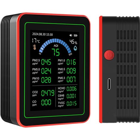 Compteur de qualité D'air Portable, 18 en 1 CO2 TVOC HCHO PM2,5 PM10 Tester Stage de Données alimenté par Batterie Intérieure Black, pour la Maison, le Bureau, la Voiture (1/5)