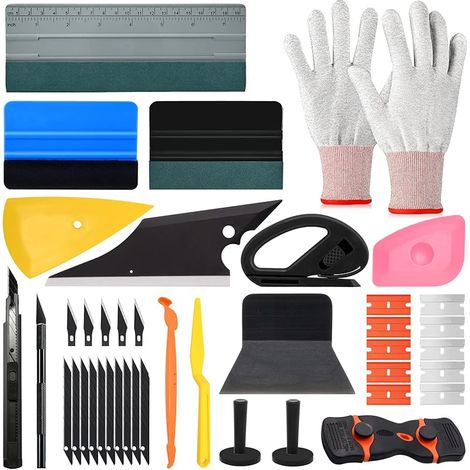 Kit Covering Outils de Film de fenêtre de Voiture, avec Cutter, Cutter de Précision, Raclette en Feutre, Mini-raclettes, Grattoir, Lame de Rechange, pour Film de Fenêtre, Stickers Meubles