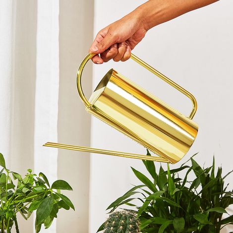 Annaffiatoio per piante, con beccuccio lungo, grande capacità (1500 ml), in acciaio inox, per giardinaggio, colore oro. (1/5)