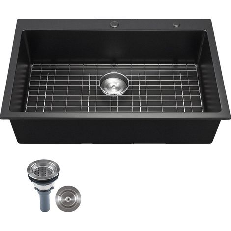 Fregadero de cocina de 76 cm, de granito para instalación bajo encimera, de un solo seno, con accesorios, color negro, 838 x 559 x 222 mm. (1/2)