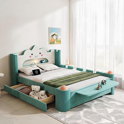 Cadre de lit coloris bleu vert en velours 240 x 172,5 x 106 cm (1/5)