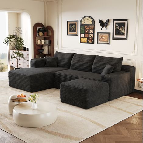 Divano a L 241 cm nero in tessuto con chaise longue, senza montaggio, seduta profonda (1/5)
